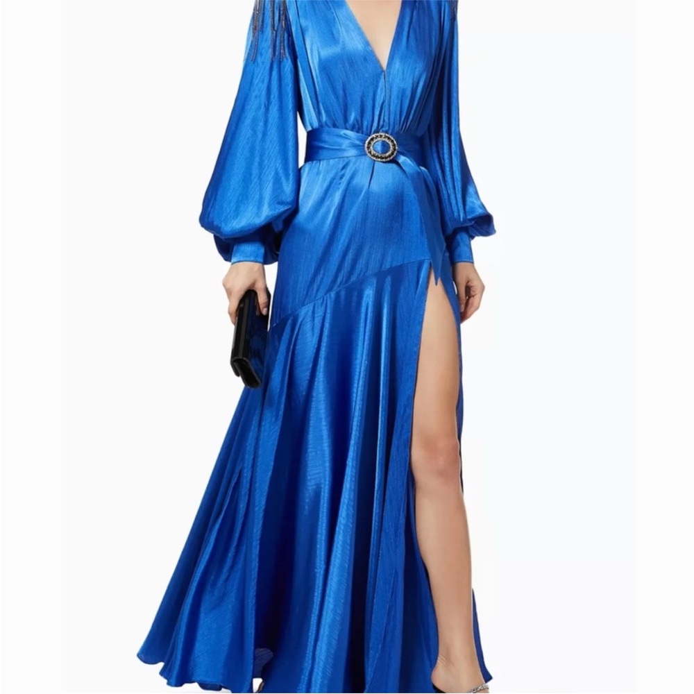 Bronx and Bonco Elegant Blue V-Neck Long Sleeve Maxi Dress with Belt